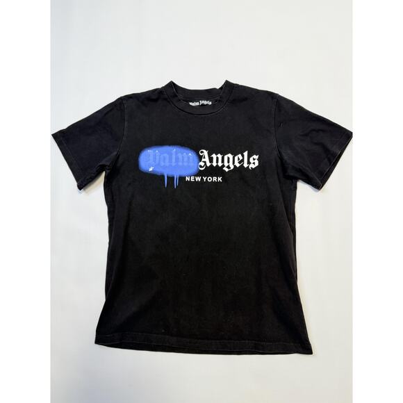 Palm Angels New York Spray Logo Shirt Mens Small Black Graphic Tee Streetwear - Picture 1 of 7